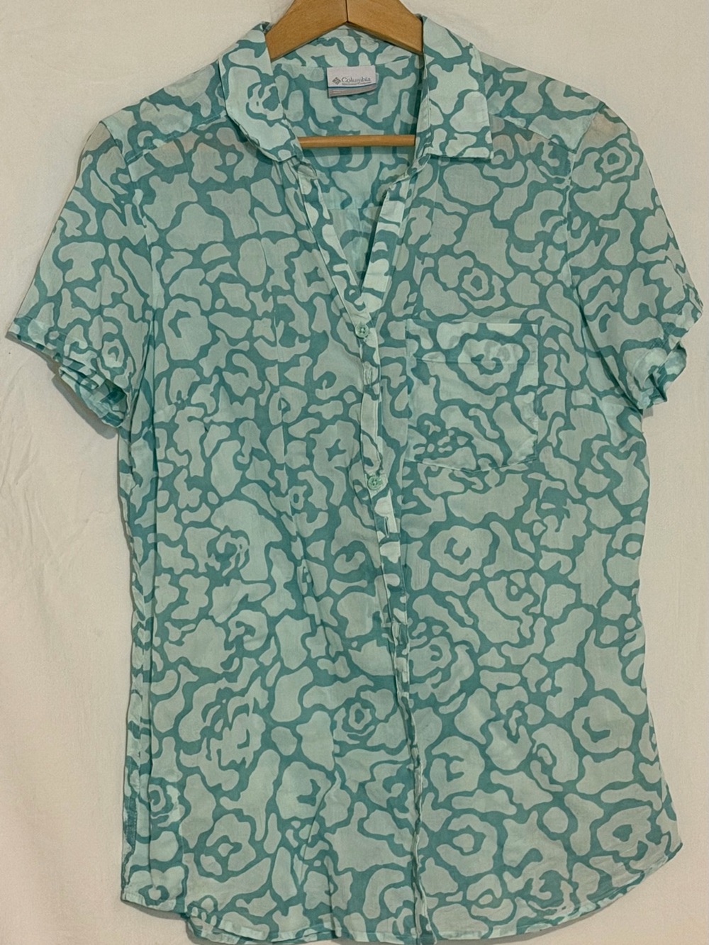 Columbia Women's lite Sage Floral Short Sleeve Button-Up Blouse Cotton Top Sz Lg